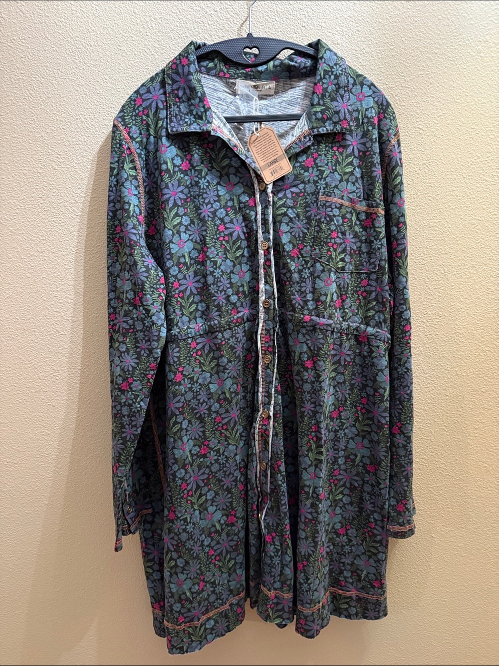 NATURAL LIFE Floral Button-Front Long Shirt Dress in Green, Pink, Blue